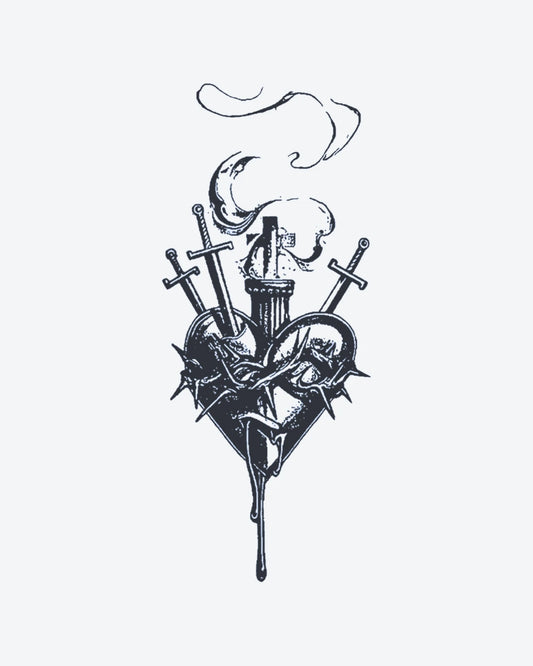 Sacred Swords semi-permanent tattoo design by INKY – Heart, Cross, Crown, Sword illustration, 2 x 4 in (6x10 cm), available at inkytatt.com