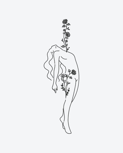 Inner Bloom 2 semi-permanent tattoo design by INKY – Fine Line, Flower, Leaves illustration, 4 x 7 in (10x17 cm), available at inkytatt.com