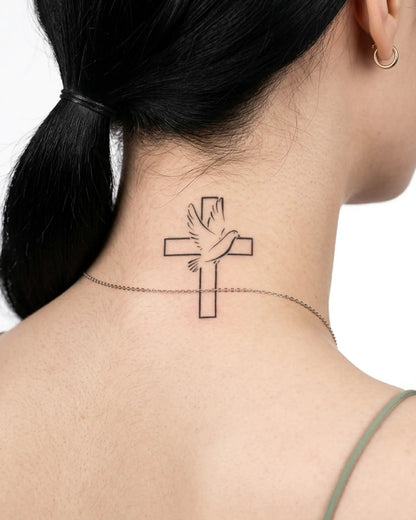 INKY Holy Dove semi-permanent tattoo applied on a woman – 2 x 2 in (4x4 cm) design, realistic ink look, lasts 10 days