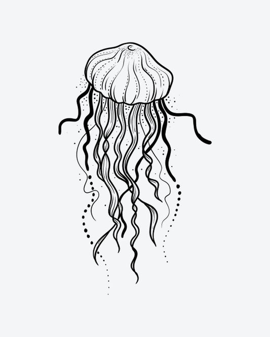 Jellyfish Art 2 semi-permanent tattoo design by INKY – Line Art, Jellyfish, Dots, Dotwork, Lines illustration, 4 x 7 in (10x17 cm), available at inkytatt.com