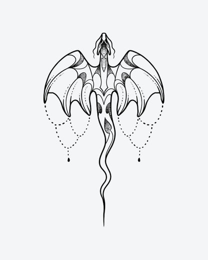 Draco Charm semi-permanent tattoo design by INKY – Fine Line, Dragon, Chain, Wings, Dotwork illustration, 2 x 4 in (6x10 cm), available at inkytatt.com