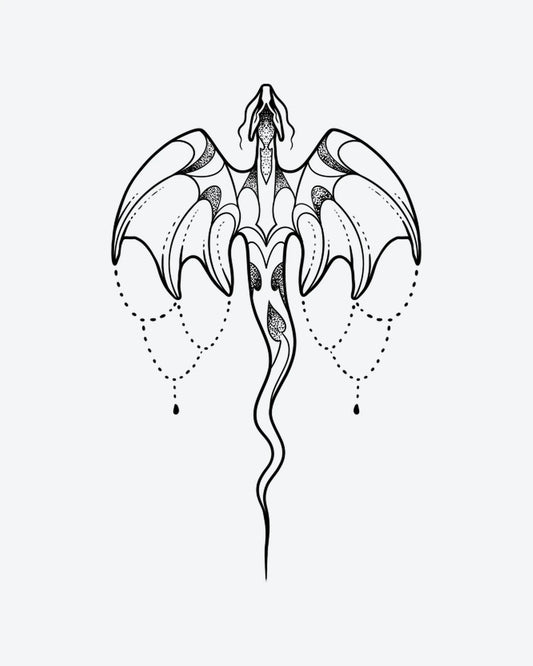 Draco Charm semi-permanent tattoo design by INKY – Fine Line, Dragon, Chain, Wings, Dotwork illustration, 2 x 4 in (6x10 cm), available at inkytatt.com