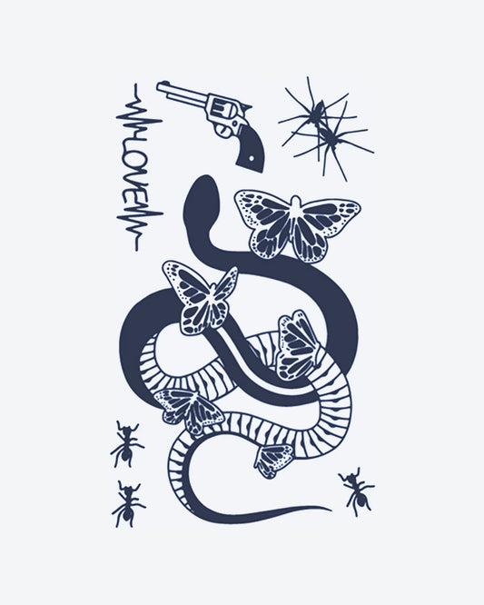 Revolver Love semi-permanent tattoo design by INKY – Butterflies, Snake, Spider illustration, 4 x 7 in (10x17 cm), available at inkytatt.com