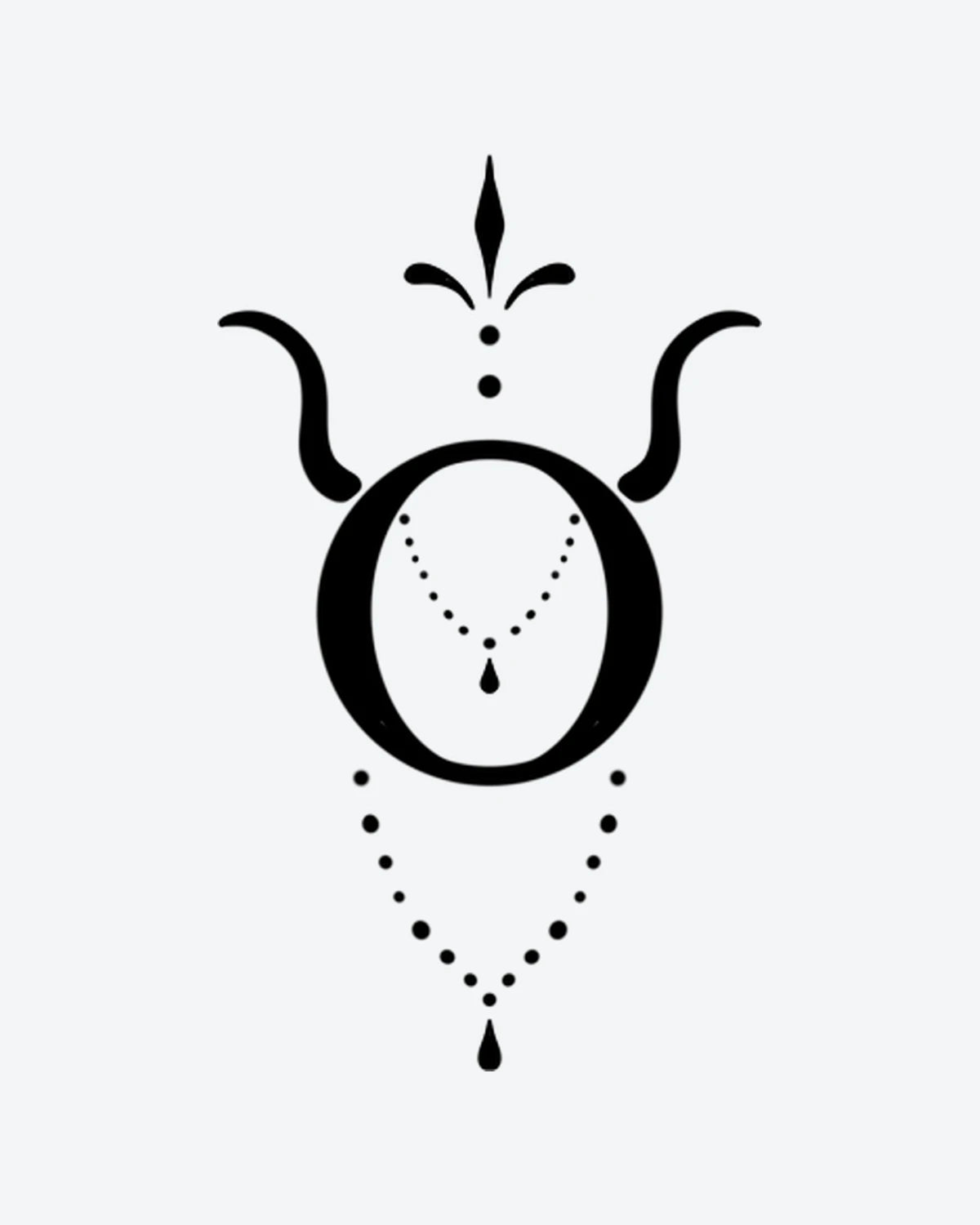 Taurus Charm semi-permanent tattoo design by INKY – Fine Line, Chain, Dotwork, Taurus, Horn illustration, 2 x 2 in (4x4 cm), available at inkytatt.com