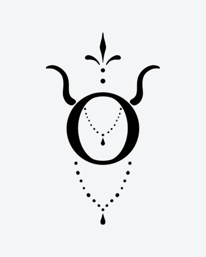 Taurus Charm semi-permanent tattoo design by INKY – Fine Line, Chain, Dotwork, Taurus, Horn illustration, 2 x 2 in (4x4 cm), available at inkytatt.com
