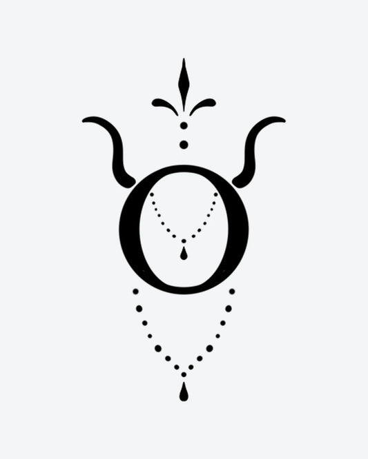 Taurus Charm semi-permanent tattoo design by INKY – Fine Line, Chain, Dotwork, Taurus, Horn illustration, 2 x 2 in (4x4 cm), available at inkytatt.com