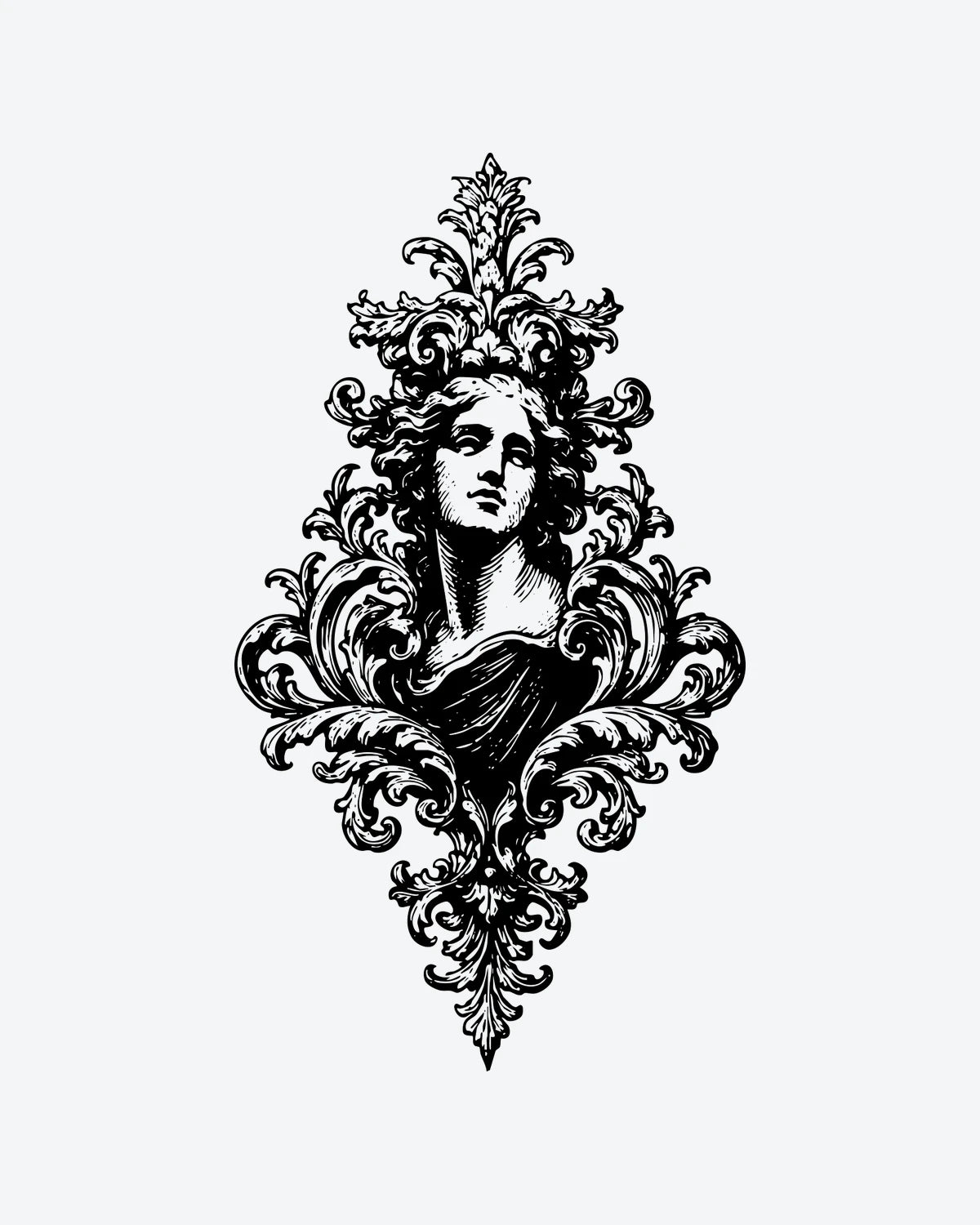 Ornate Goddes semi-permanent tattoo design by INKY – Ornate Goddes illustration, 2 x 4 in (6x10 cm), available at inkytatt.com