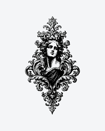 Ornate Goddes semi-permanent tattoo design by INKY – Ornate Goddes illustration, 2 x 4 in (6x10 cm), available at inkytatt.com