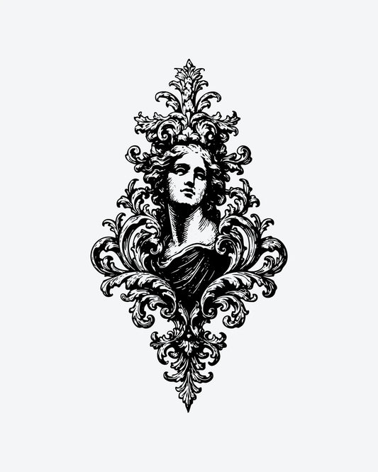 Ornate Goddes semi-permanent tattoo design by INKY – Ornate Goddes illustration, 2 x 4 in (6x10 cm), available at inkytatt.com