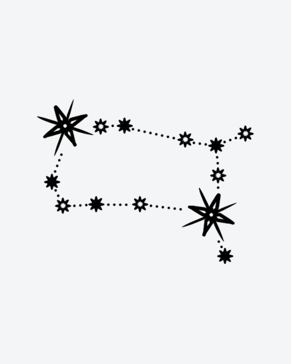 Starry Path Gemini semi-permanent tattoo design by INKY – Star, Constellation, Lines, Hand illustration, 3 x 3 in (7x7 cm), available at inkytatt.com