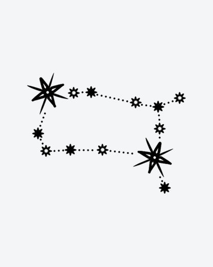 Starry Path Gemini semi-permanent tattoo design by INKY – Star, Constellation, Lines, Hand illustration, 3 x 3 in (7x7 cm), available at inkytatt.com