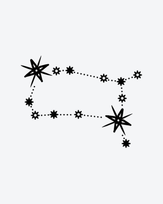 Starry Path Gemini semi-permanent tattoo design by INKY – Star, Constellation, Lines, Hand illustration, 3 x 3 in (7x7 cm), available at inkytatt.com