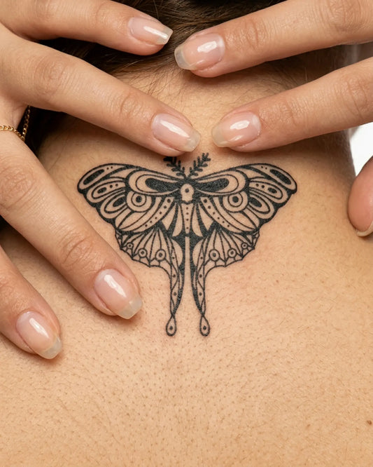 INKY Mystic Moth 2 semi-permanent tattoo applied on a woman – 2 x 2 in (4x4 cm) design, realistic ink look, lasts 10 days