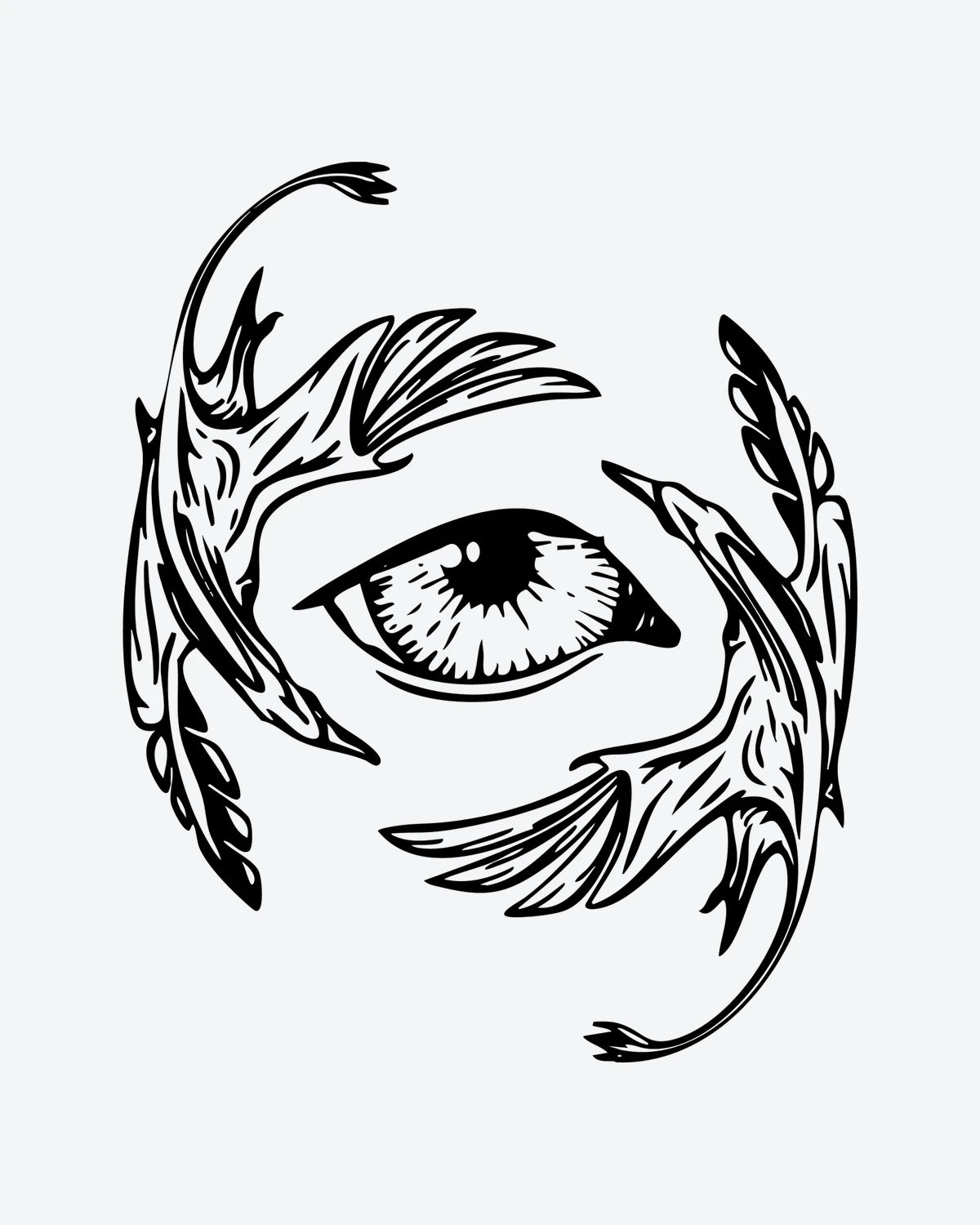 Mystic Eye semi-permanent tattoo design by INKY – Leaves, Eye, Wings illustration, 3 x 3 in (7x7 cm), available at inkytatt.com