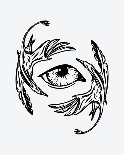 Mystic Eye semi-permanent tattoo design by INKY – Leaves, Eye, Wings illustration, 3 x 3 in (7x7 cm), available at inkytatt.com