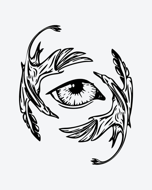 Mystic Eye semi-permanent tattoo design by INKY – Leaves, Eye, Wings illustration, 3 x 3 in (7x7 cm), available at inkytatt.com