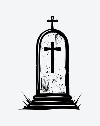 Dark Grave semi-permanent tattoo design by INKY – Cross, Face illustration, 2 x 2 in (4x4 cm), available at inkytatt.com