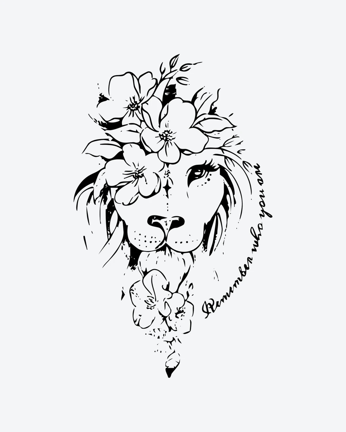 Lion Bloom semi-permanent tattoo design by INKY – Fine Line, Lion, Crown, Eye, Blossom illustration, 3 x 4 in (7x10 cm), available at inkytatt.com
