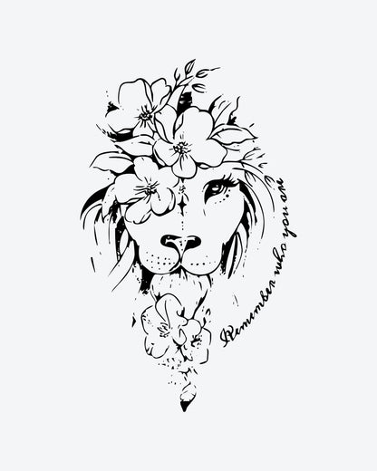 Lion Bloom semi-permanent tattoo design by INKY – Fine Line, Lion, Crown, Eye, Blossom illustration, 3 x 4 in (7x10 cm), available at inkytatt.com