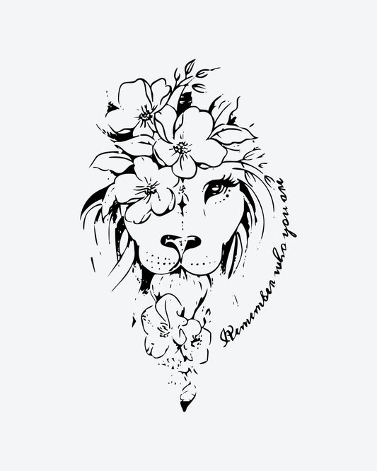 Lion Bloom semi-permanent tattoo design by INKY – Fine Line, Lion, Crown, Eye, Blossom illustration, 3 x 4 in (7x10 cm), available at inkytatt.com