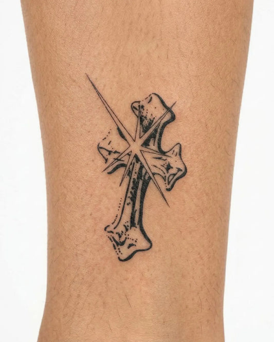 INKY Star Cross semi-permanent tattoo applied on a woman – 3 x 4 in (7x10 cm) design, realistic ink look, lasts 10 days