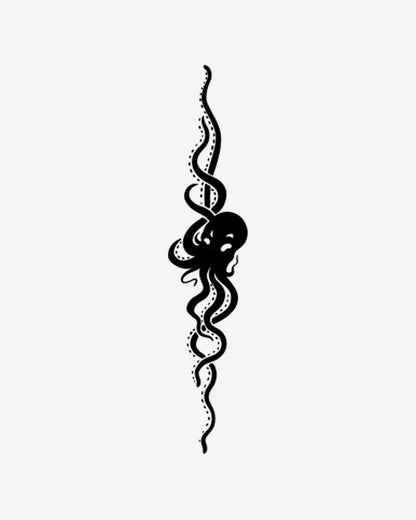 Kraken semi-permanent tattoo design by INKY – Octopus, Dotwork, Silhouette, Ocean, Sea illustration, 2 x 4 in (6x10 cm), available at inkytatt.com