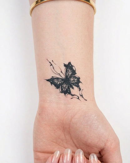 INKY Ink Butterfly semi-permanent tattoo applied on a woman – 2 x 2 in (4x4 cm) design, realistic ink look, lasts 10 days