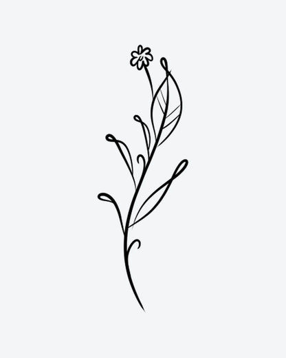 Floral Stem 4 semi-permanent tattoo design by INKY – Fine Line, Flower, Leaves, Stem illustration, 2 x 4 in (6x10 cm), available at inkytatt.com