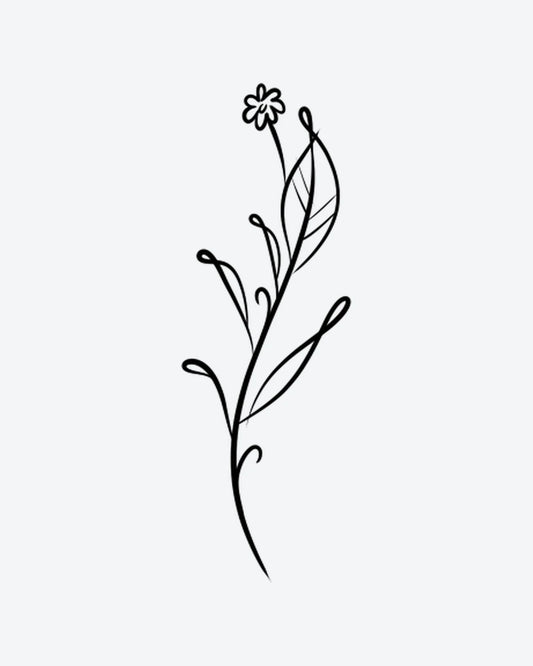 Floral Stem 4 semi-permanent tattoo design by INKY – Fine Line, Flower, Leaves, Stem illustration, 2 x 4 in (6x10 cm), available at inkytatt.com