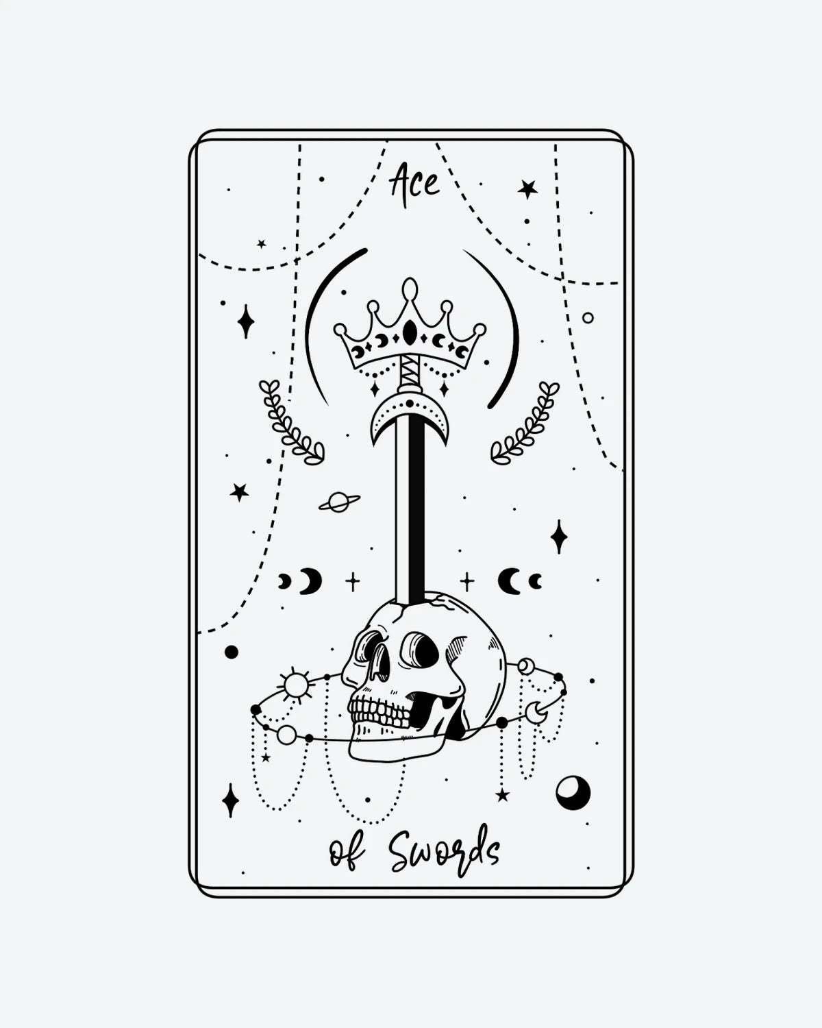 Ace of Swords semi-permanent tattoo design by INKY – Crescent Moon, Fine Line, Star, Planet, Crown illustration, 2 x 4 in (6x10 cm), available at inkytatt.com