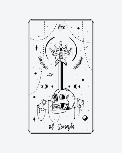 Ace of Swords semi-permanent tattoo design by INKY – Crescent Moon, Fine Line, Star, Planet, Crown illustration, 2 x 4 in (6x10 cm), available at inkytatt.com