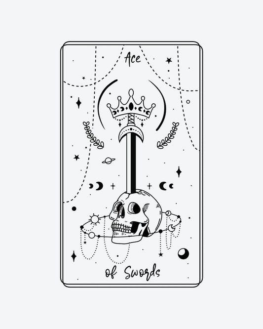 Ace of Swords semi-permanent tattoo design by INKY – Crescent Moon, Fine Line, Star, Planet, Crown illustration, 2 x 4 in (6x10 cm), available at inkytatt.com