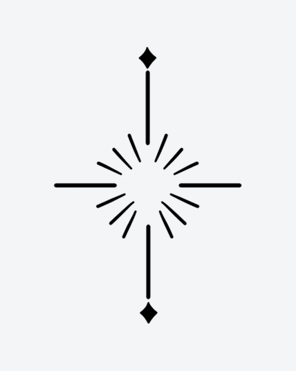 Radiant Star semi-permanent tattoo design by INKY – Fine Line, Sun, Star, Cross, Diamond illustration, 0.5 x 0.5 in (1x1 cm), available at inkytatt.com