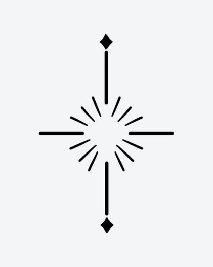 Radiant Star semi-permanent tattoo design by INKY – Fine Line, Sun, Star, Cross, Diamond illustration, 0.5 x 0.5 in (1x1 cm), available at inkytatt.com
