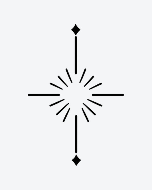 Radiant Star semi-permanent tattoo design by INKY – Fine Line, Sun, Star, Cross, Diamond illustration, 0.5 x 0.5 in (1x1 cm), available at inkytatt.com