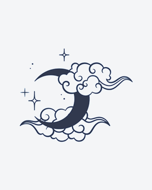 Lunar Dream semi-permanent tattoo design by INKY – Crescent Moon, Fine Line, Starburst, Dots, Cloud illustration, 2 x 2 in (4x4 cm), available at inkytatt.com