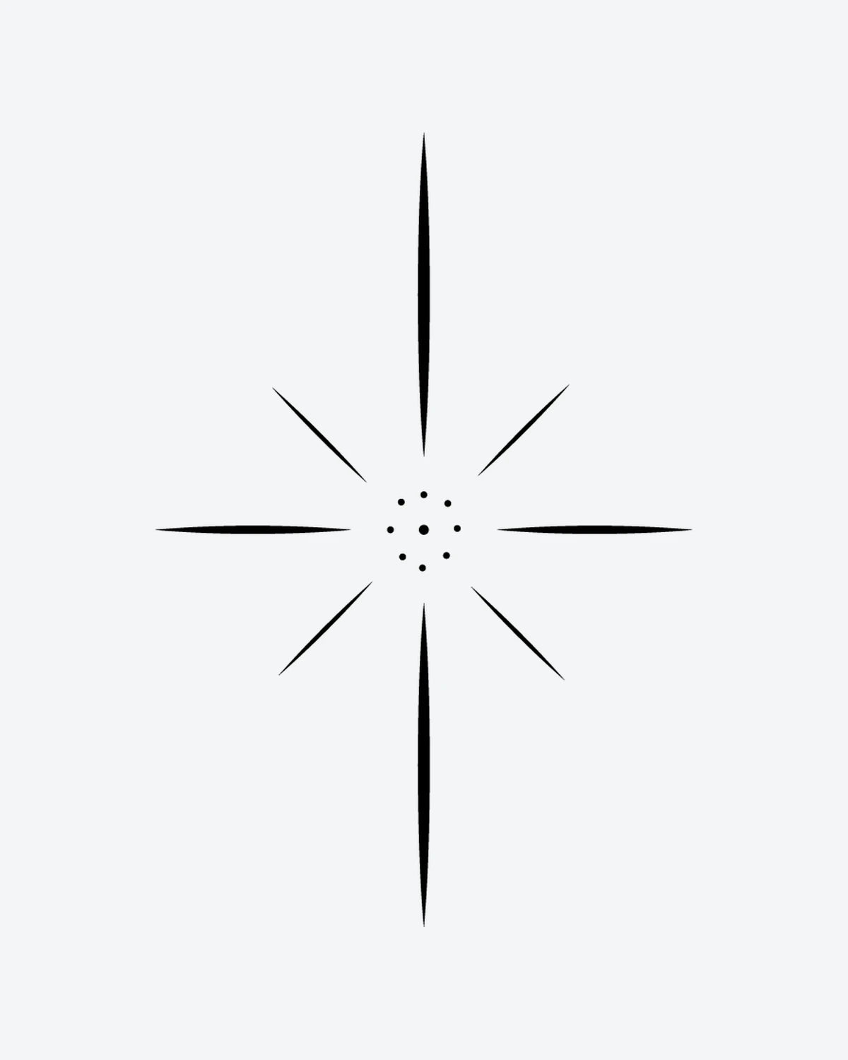 Starburst semi-permanent tattoo design by INKY – Starburst, Compass, Geometric, Dots, Pattern illustration, 0.5 x 0.5 in (1x1 cm), available at inkytatt.com
