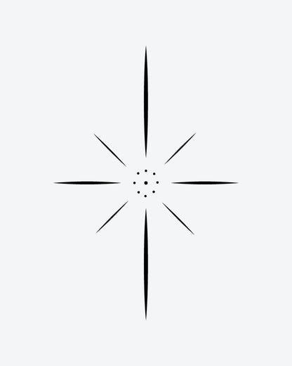 Starburst semi-permanent tattoo design by INKY – Starburst, Compass, Geometric, Dots, Pattern illustration, 0.5 x 0.5 in (1x1 cm), available at inkytatt.com