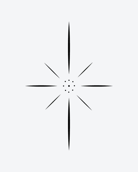 Starburst semi-permanent tattoo design by INKY – Starburst, Compass, Geometric, Dots, Pattern illustration, 0.5 x 0.5 in (1x1 cm), available at inkytatt.com