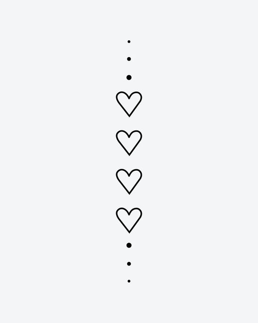 Heart Chain semi-permanent tattoo design by INKY – Fine Line, Heart, Dots illustration, 2 x 4 in (6x10 cm), available at inkytatt.com
