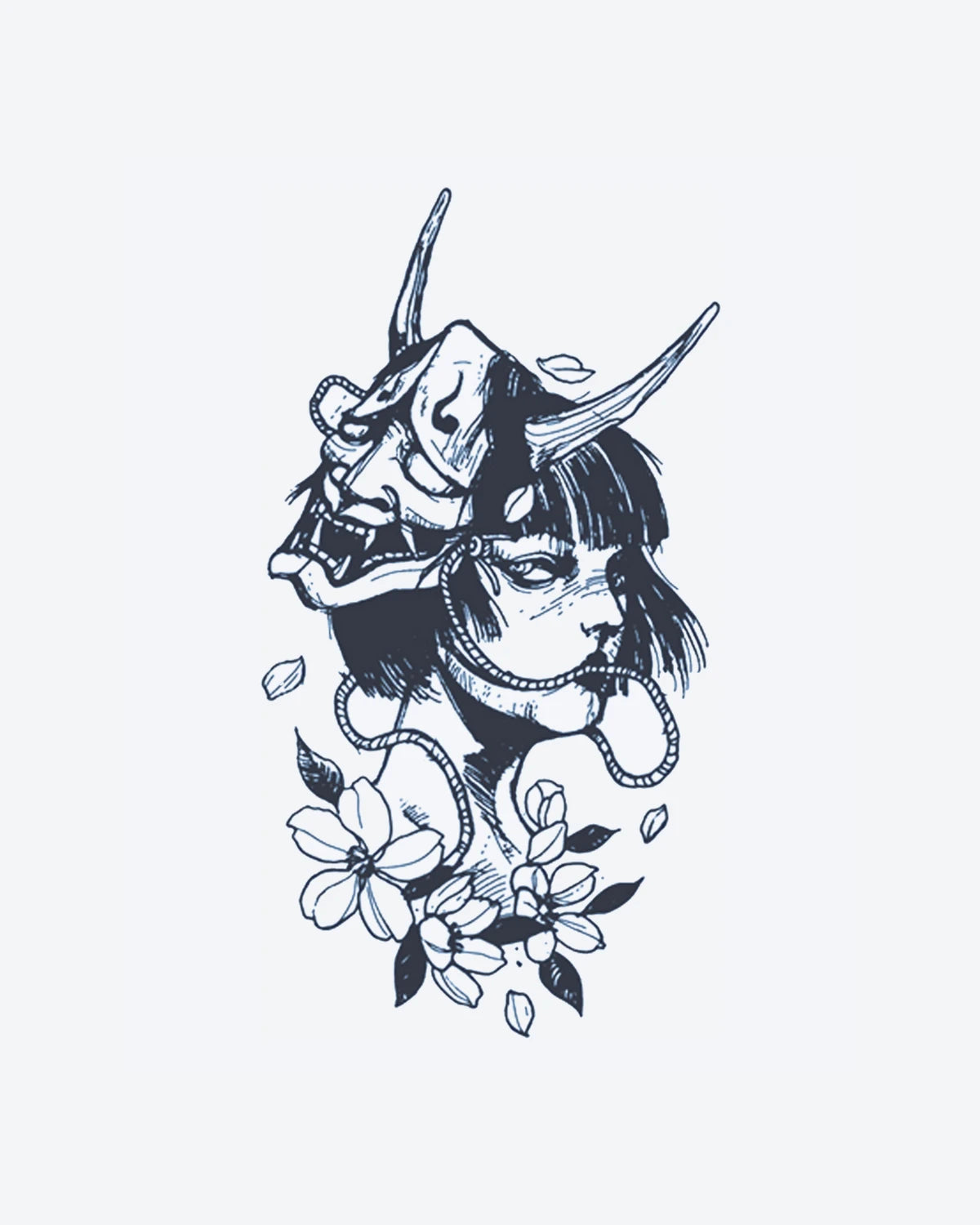 Oni Blossom semi-permanent tattoo design by INKY – Cherry Blossom, Face, Petal illustration, 4 x 7 in (10x17 cm), available at inkytatt.com