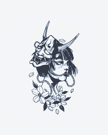 Oni Blossom semi-permanent tattoo design by INKY – Cherry Blossom, Face, Petal illustration, 4 x 7 in (10x17 cm), available at inkytatt.com