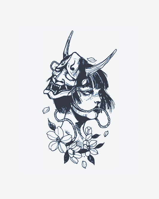 Oni Blossom semi-permanent tattoo design by INKY – Cherry Blossom, Face, Petal illustration, 4 x 7 in (10x17 cm), available at inkytatt.com