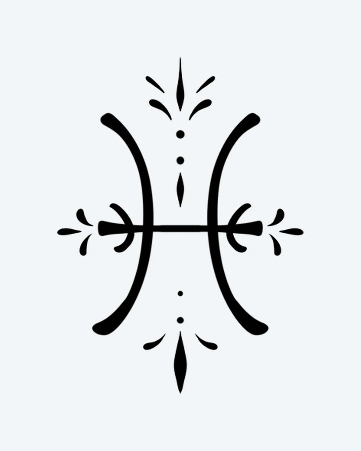 Pisces Symbol 2 semi-permanent tattoo design by INKY – Leaf, Dots, Pisces illustration, 0.5 x 0.5 in (1x1 cm), available at inkytatt.com
