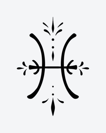 Pisces Symbol 2 semi-permanent tattoo design by INKY – Leaf, Dots, Pisces illustration, 0.5 x 0.5 in (1x1 cm), available at inkytatt.com