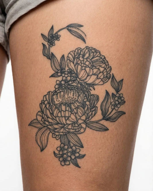 INKY Blossom Duo semi-permanent tattoo applied on a woman – 4 x 7 in (10x17 cm) design, realistic ink look, lasts 10 days