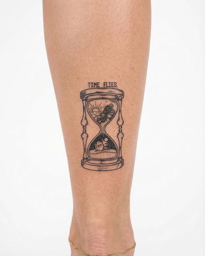 INKY Time Flies semi-permanent tattoo applied on a woman – 2 x 4 in (6x10 cm) design, realistic ink look, lasts 10 days