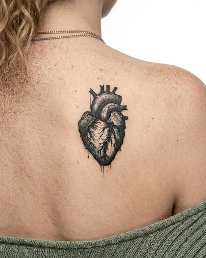 INKY Gothic Heart semi-permanent tattoo applied on a woman – 3 x 4 in (7x10 cm) design, realistic ink look, lasts 10 days