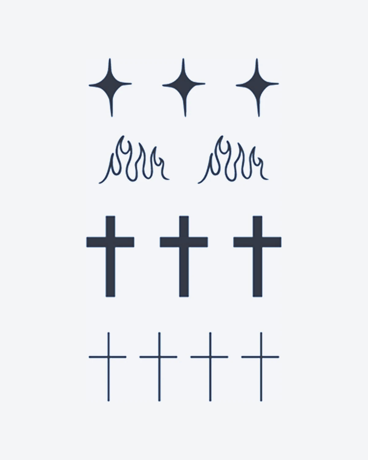 Mix Minis semi-permanent tattoo design by INKY – Fine Line, Starburst, Cross, Crosses, Flame illustration, 3 x 4 in (7x10 cm), available at inkytatt.com
