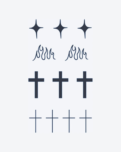 Mix Minis semi-permanent tattoo design by INKY – Fine Line, Starburst, Cross, Crosses, Flame illustration, 3 x 4 in (7x10 cm), available at inkytatt.com